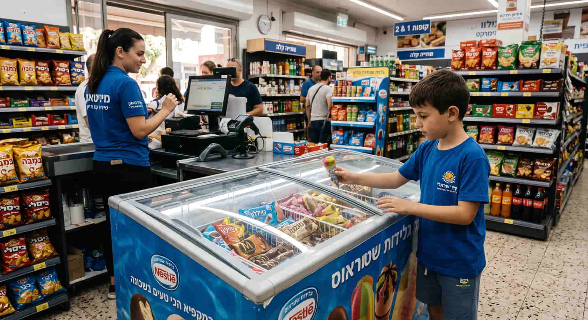 מקפיא גלידות שוכב תעשייתי עם דלתות זכוכית שקופות בתצוגת חנות מוארת.בישראל